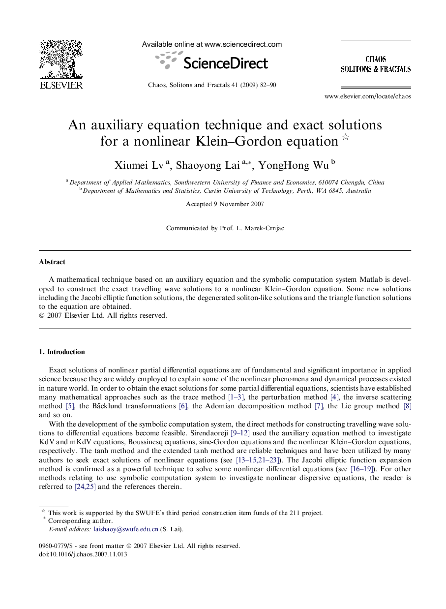 An auxiliary equation technique and exact solutions for a nonlinear Klein–Gordon equation 