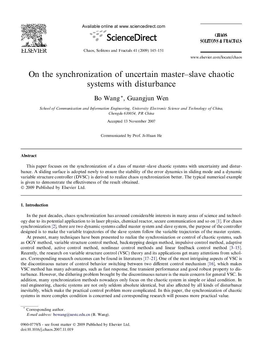 On the synchronization of uncertain master–slave chaotic systems with disturbance