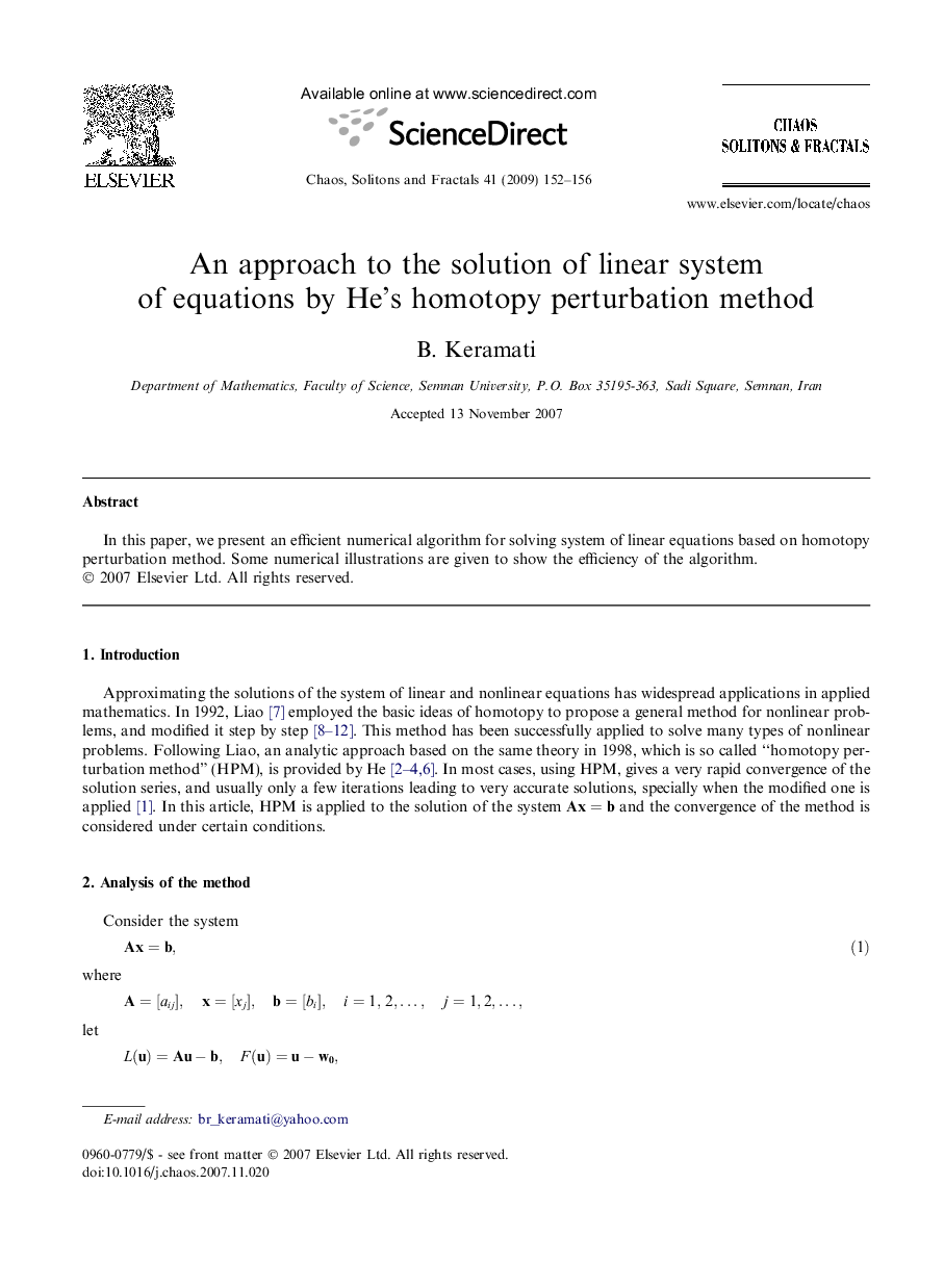 An approach to the solution of linear system of equations by He’s homotopy perturbation method