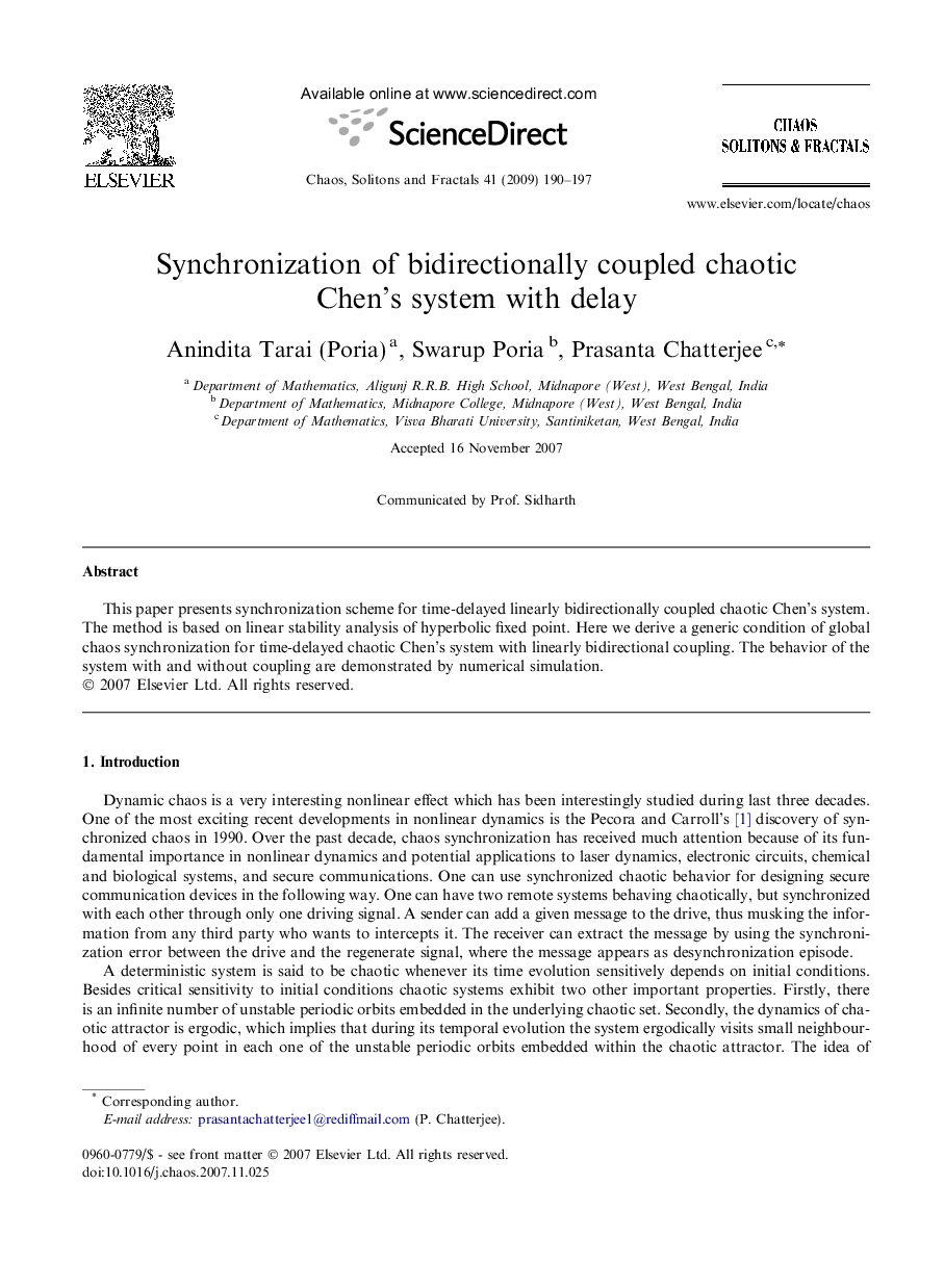 Synchronization of bidirectionally coupled chaotic Chen’s system with delay