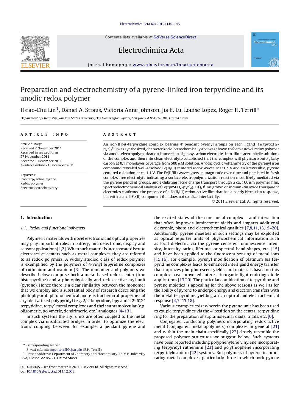 Preparation and electrochemistry of a pyrene-linked iron terpyridine and its anodic redox polymer