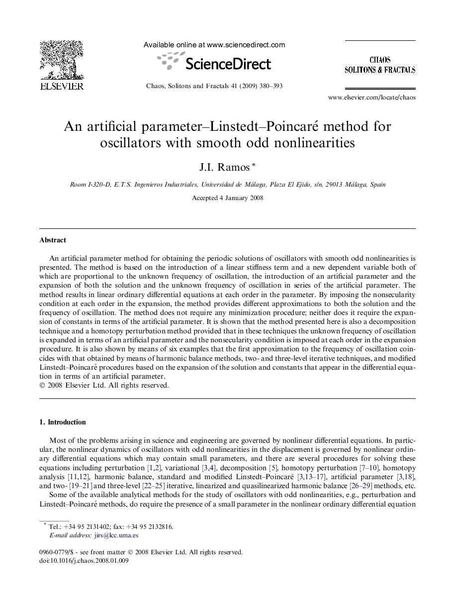 عکس صفحه اول مقاله: An artificial parameter–Linstedt–Poincaré method for oscillators with smooth odd nonlinearities An artificial parameter–Linstedt–Poincaré method for oscillators with smooth odd nonlinearities