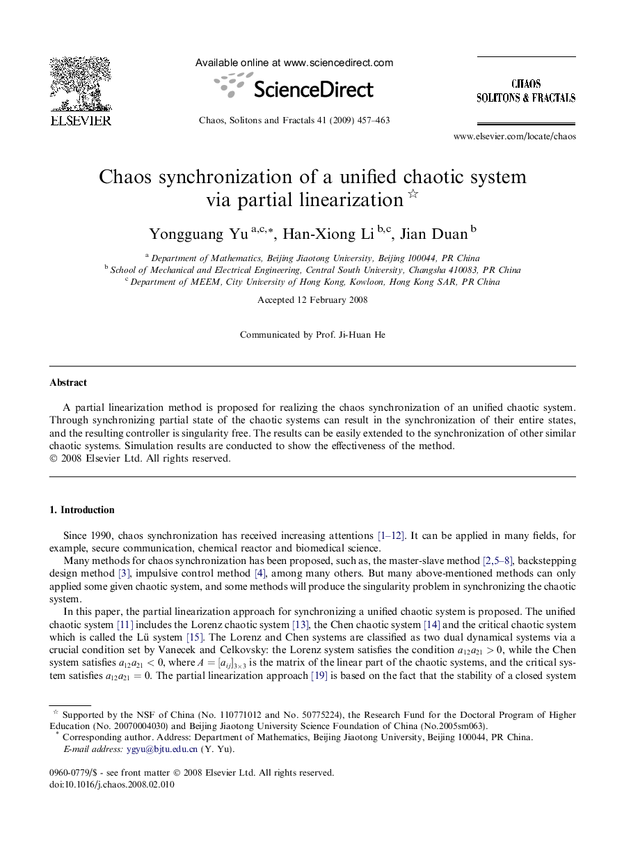 Chaos synchronization of a unified chaotic system via partial linearization