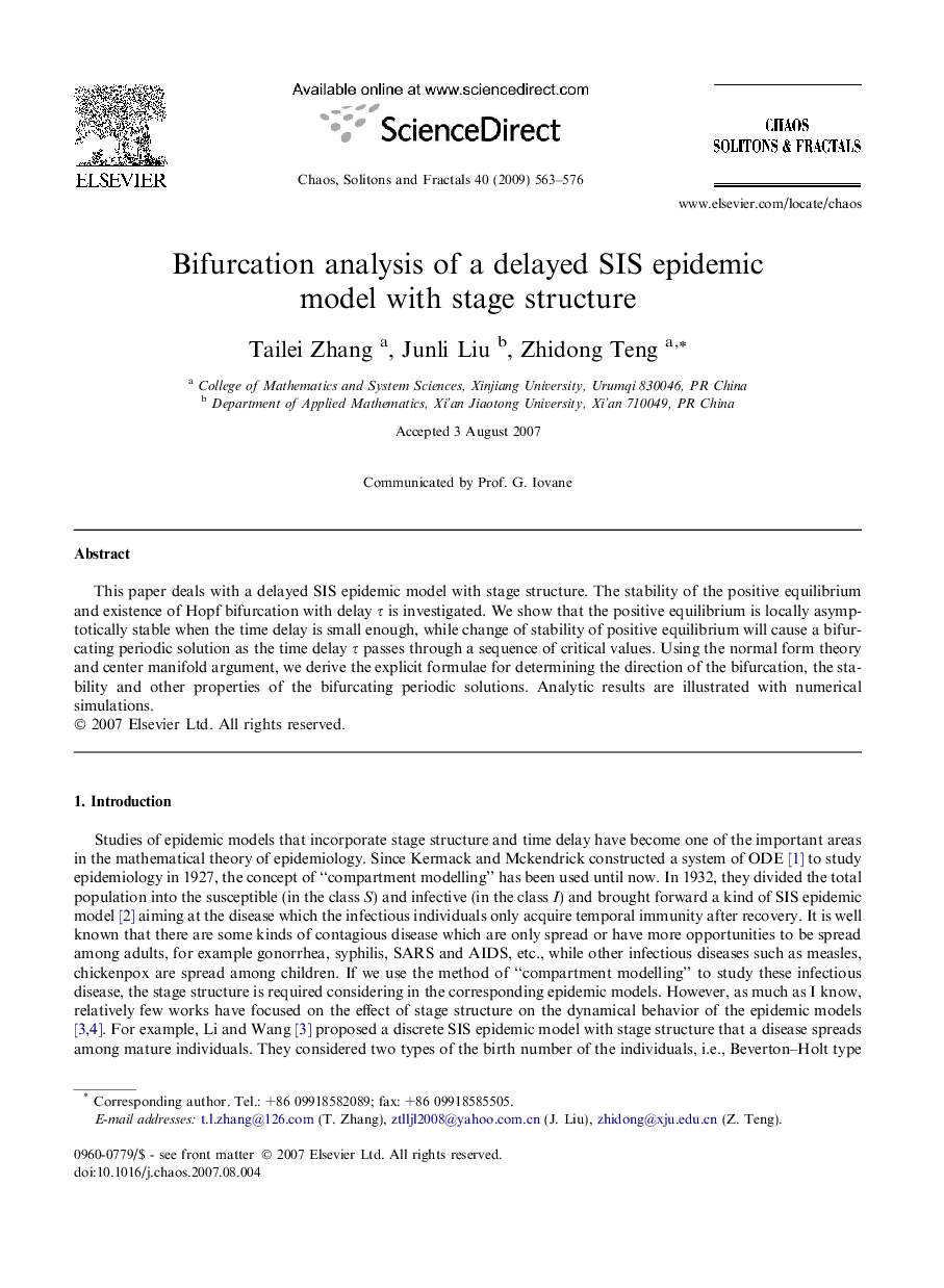 عکس صفحه اول مقاله: Bifurcation analysis of a delayed SIS epidemic model with stage structure Bifurcation analysis of a delayed SIS epidemic model with stage structure