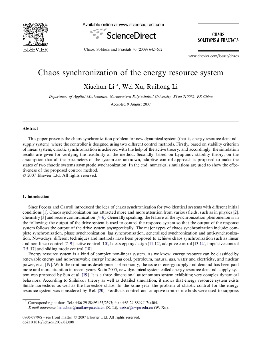 عکس صفحه اول مقاله: Chaos synchronization of the energy resource system Chaos synchronization of the energy resource system