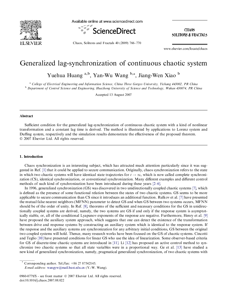 Generalized lag-synchronization of continuous chaotic system
