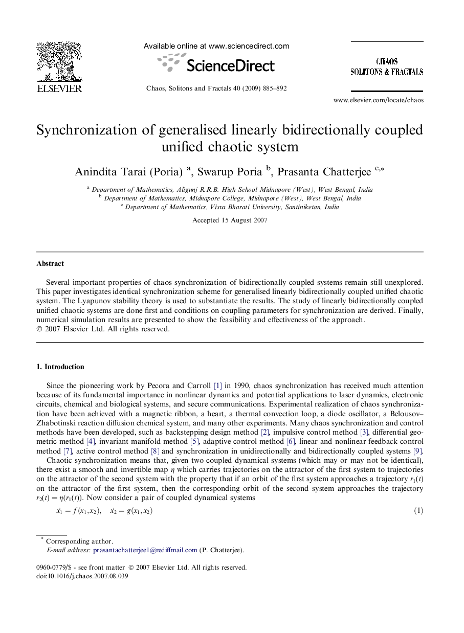 Synchronization of generalised linearly bidirectionally coupled unified chaotic system