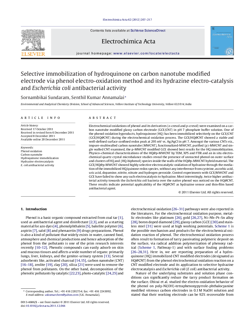 Selective immobilization of hydroquinone on carbon nanotube modified electrode via phenol electro-oxidation method and its hydrazine electro-catalysis and Escherichia coli antibacterial activity