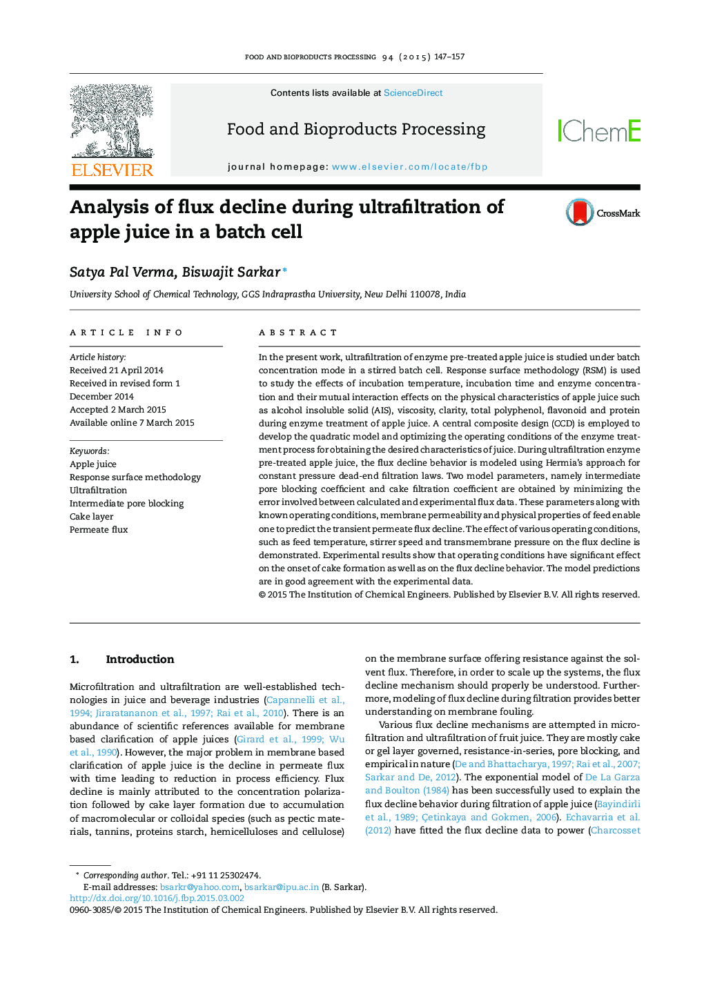 Analysis of flux decline during ultrafiltration of apple juice in a batch cell