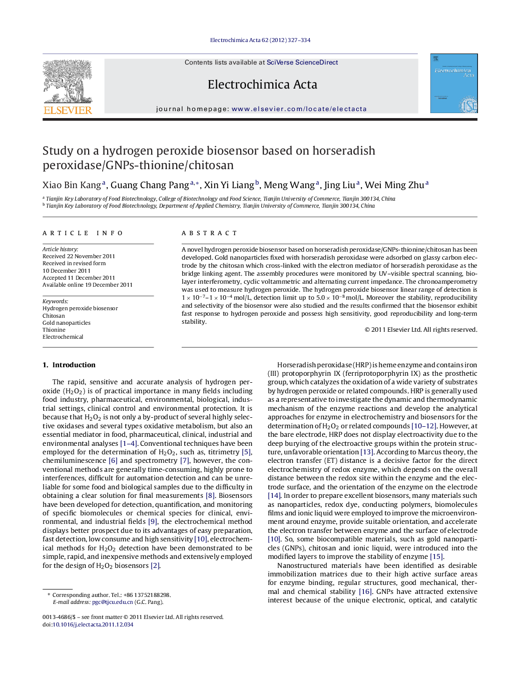 Study on a hydrogen peroxide biosensor based on horseradish peroxidase/GNPs-thionine/chitosan