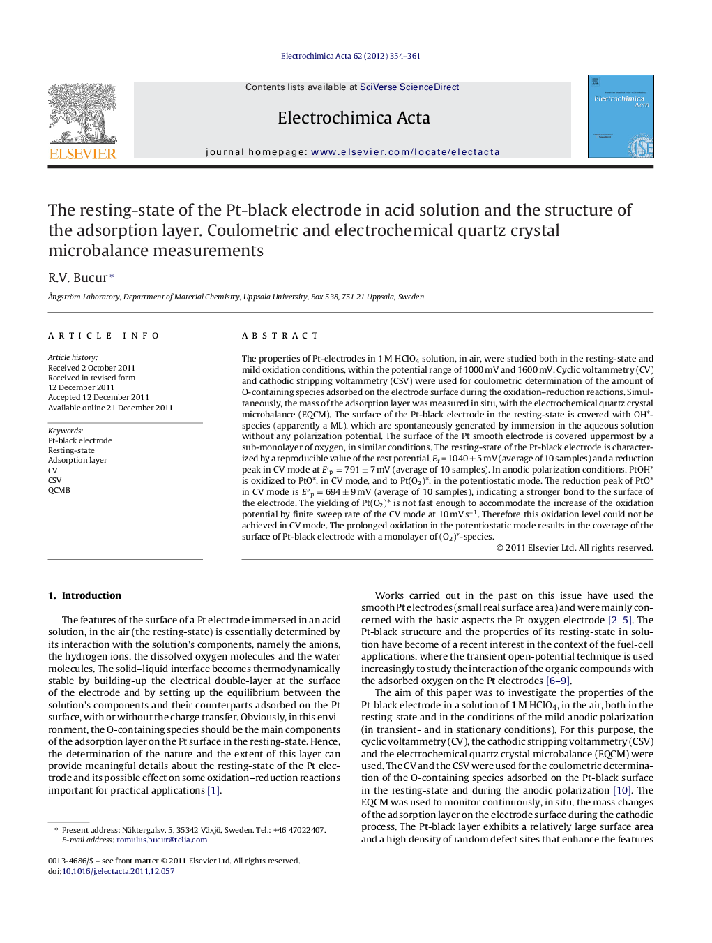 The resting-state of the Pt-black electrode in acid solution and the structure of the adsorption layer. Coulometric and electrochemical quartz crystal microbalance measurements