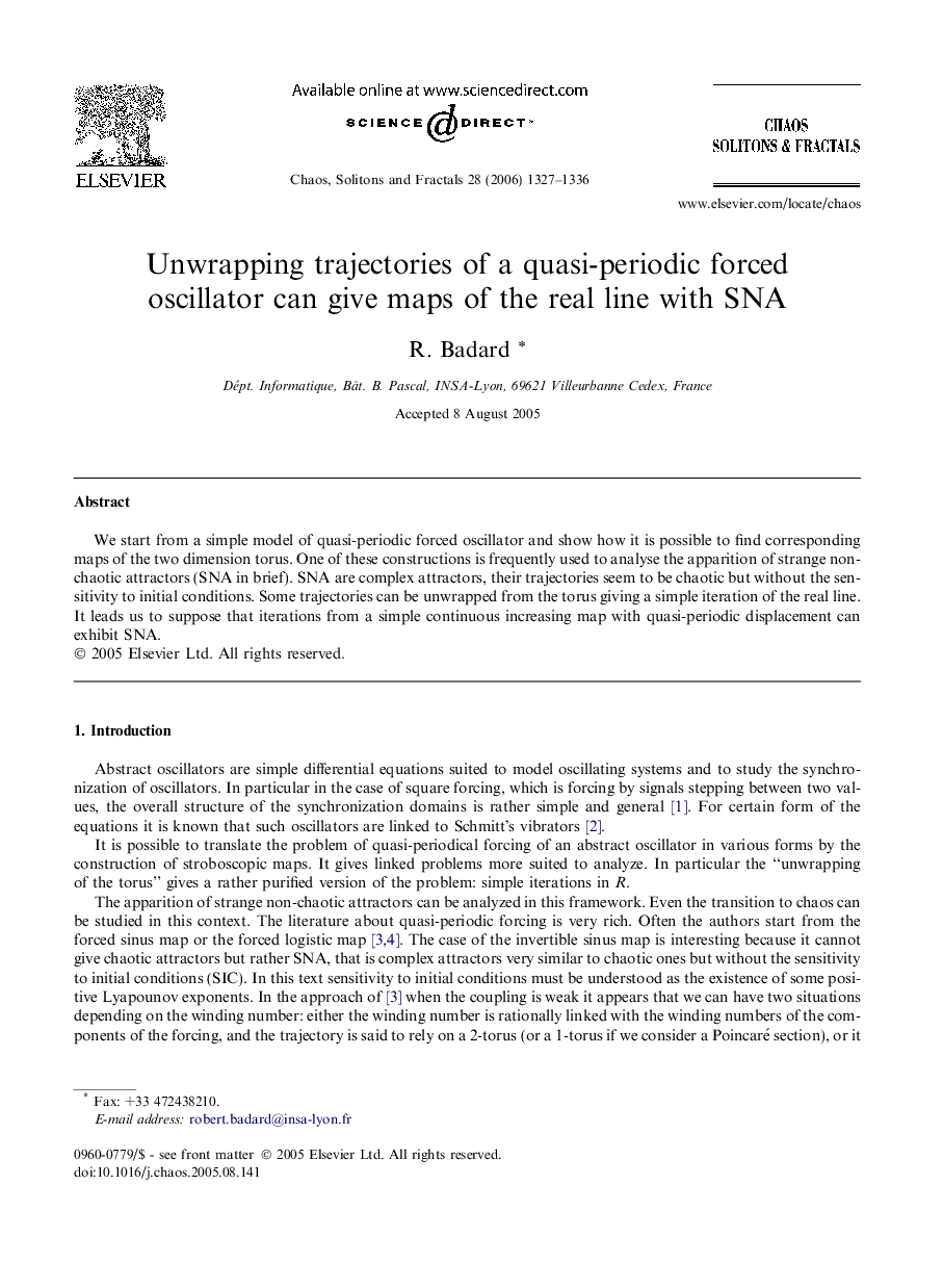 عکس صفحه اول مقاله: Unwrapping trajectories of a quasi-periodic forced oscillator can give maps of the real line with SNA Unwrapping trajectories of a quasi-periodic forced oscillator can give maps of the real line with SNA