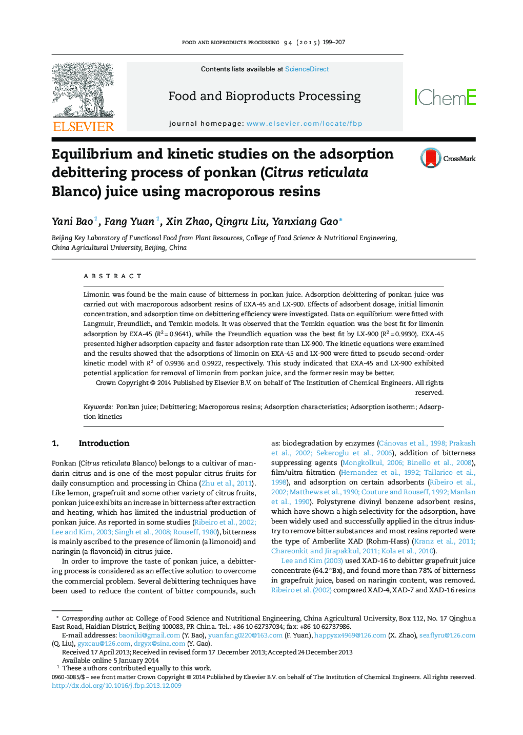 Equilibrium and kinetic studies on the adsorption debittering process of ponkan (Citrus reticulata Blanco) juice using macroporous resins