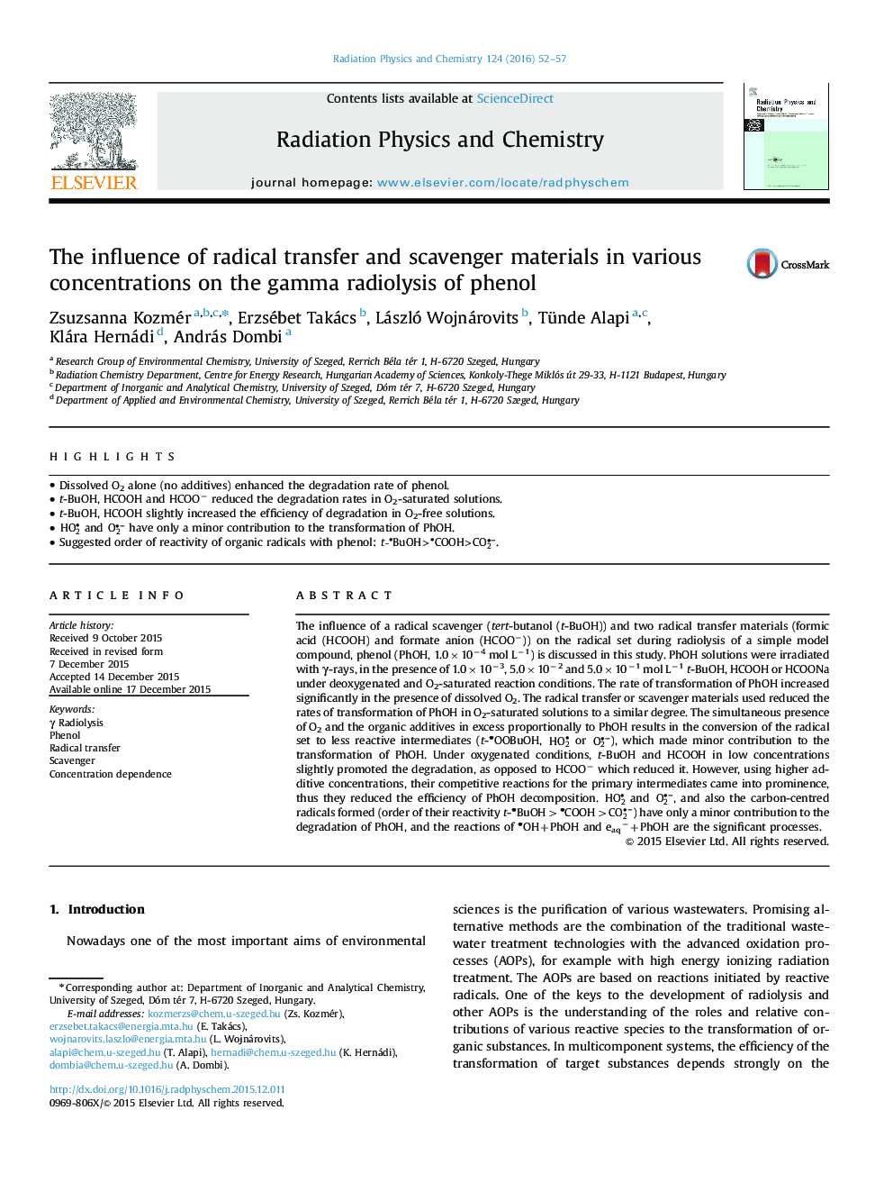 The influence of radical transfer and scavenger materials in various concentrations on the gamma radiolysis of phenol