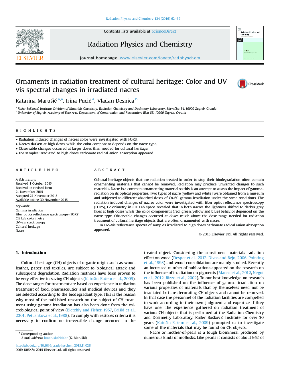 Ornaments in radiation treatment of cultural heritage: Color and UV–vis spectral changes in irradiated nacres