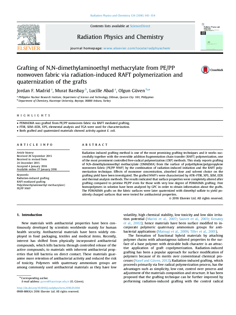 Grafting of N,N-dimethylaminoethyl methacrylate from PE/PP nonwoven fabric via radiation-induced RAFT polymerization and quaternization of the grafts