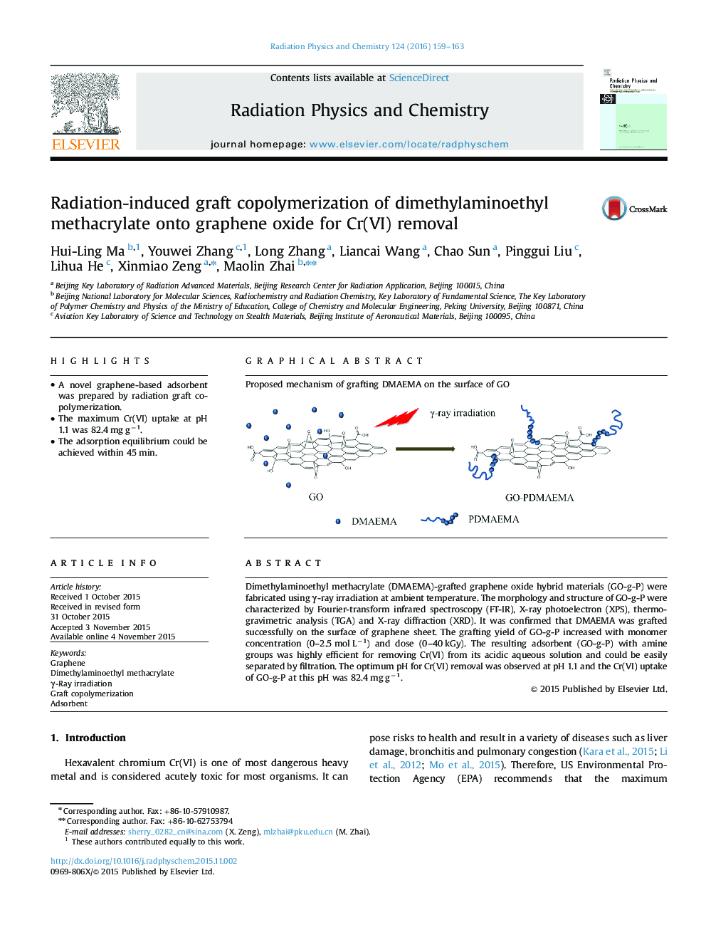 Radiation-induced graft copolymerization of dimethylaminoethyl methacrylate onto graphene oxide for Cr(VI) removal