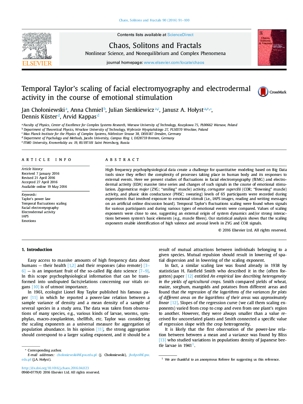 Temporal Taylor’s scaling of facial electromyography and electrodermal activity in the course of emotional stimulation