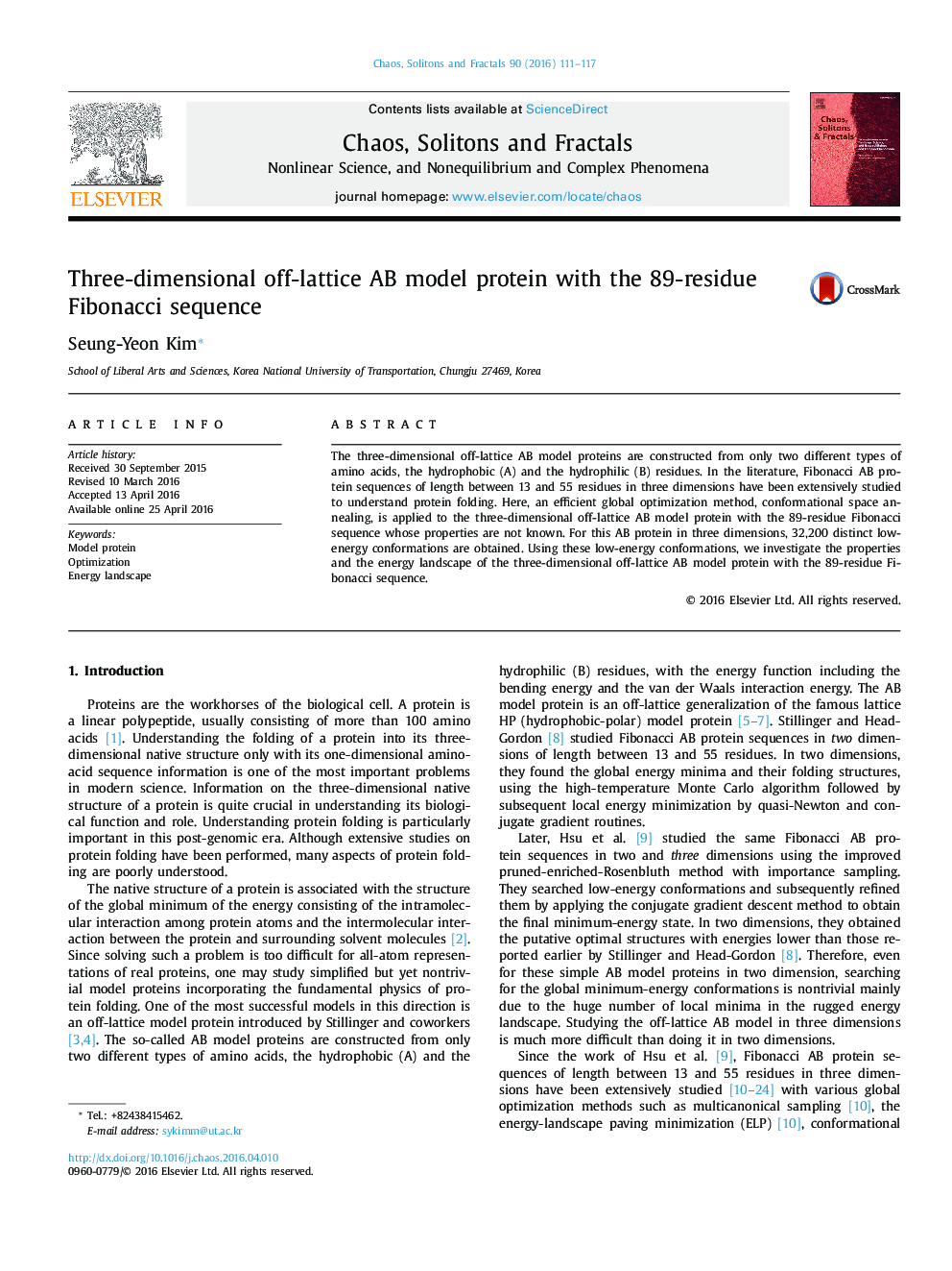 Three-dimensional off-lattice AB model protein with the 89-residue Fibonacci sequence