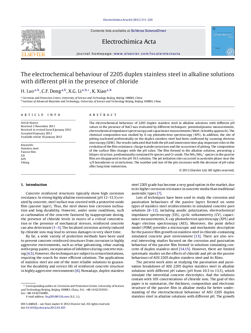 The electrochemical behaviour of 2205 duplex stainless steel in alkaline solutions with different pH in the presence of chloride