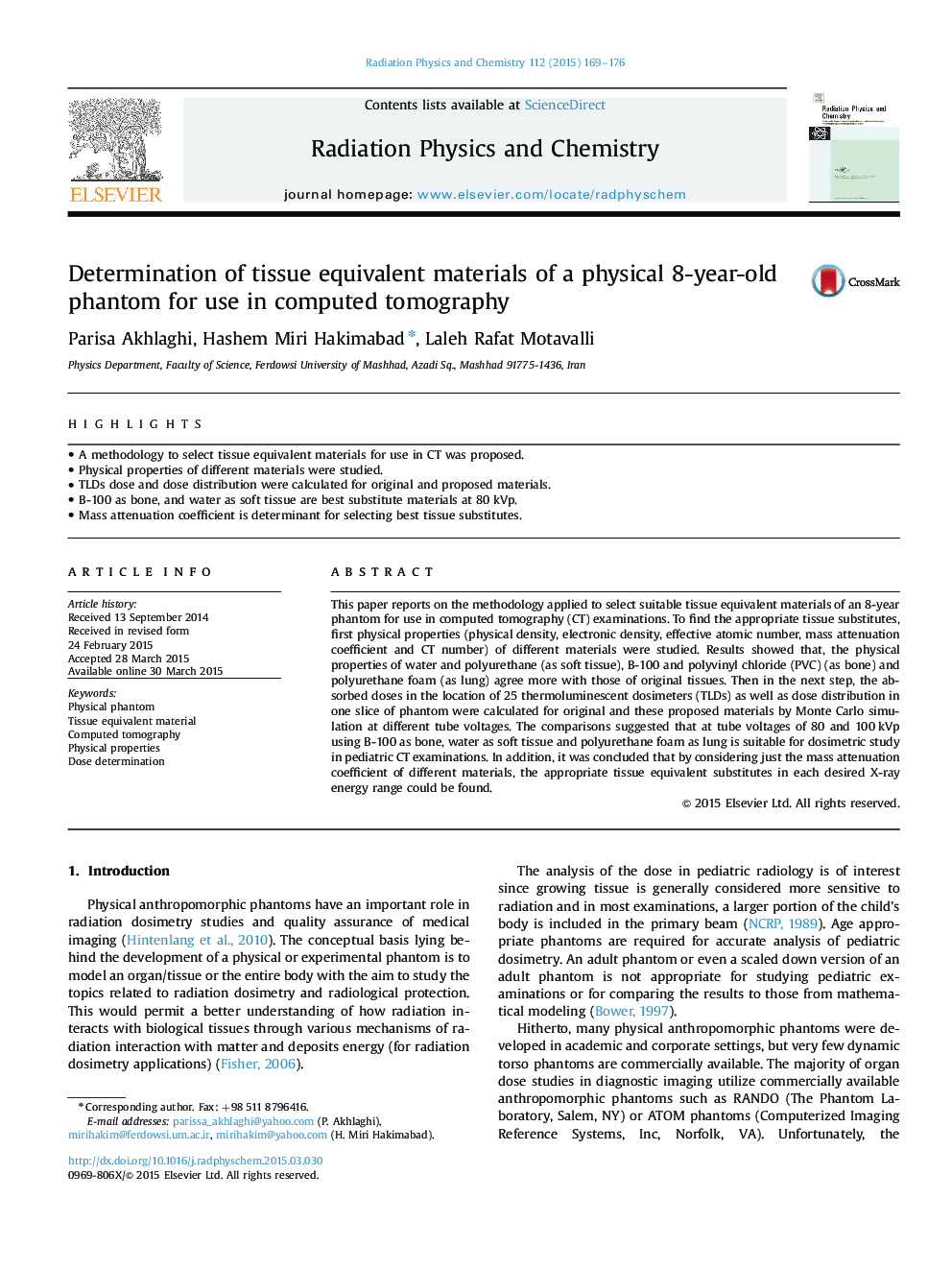 Determination of tissue equivalent materials of a physical 8-year-old phantom for use in computed tomography