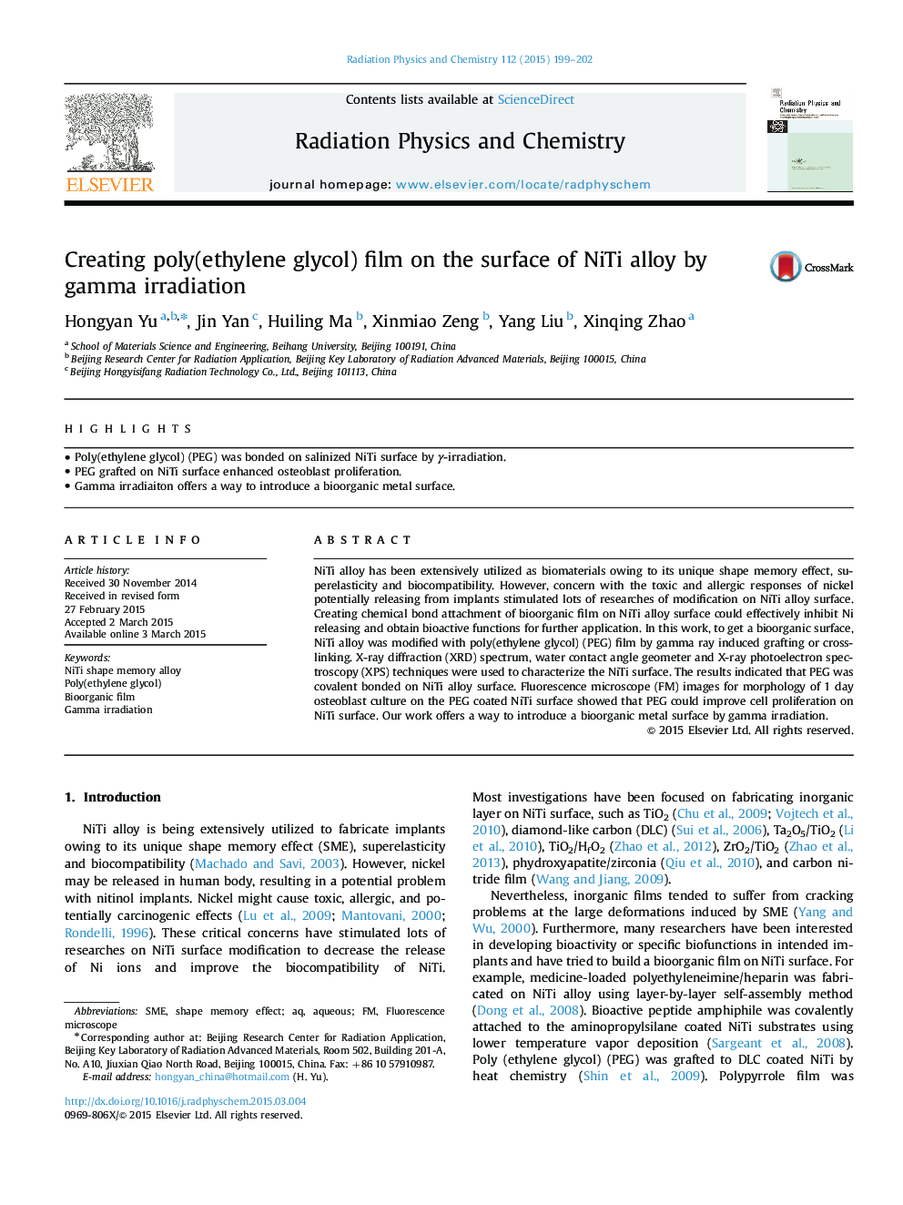 Creating poly(ethylene glycol) film on the surface of NiTi alloy by gamma irradiation