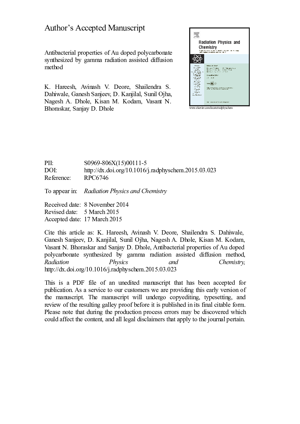 Antibacterial properties of Au doped polycarbonate synthesized by gamma radiation assisted diffusion method