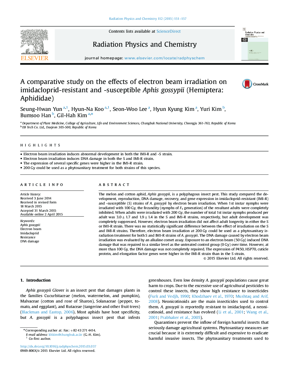 A comparative study on the effects of electron beam irradiation on imidacloprid-resistant and -susceptible Aphis gossypii (Hemiptera: Aphididae)