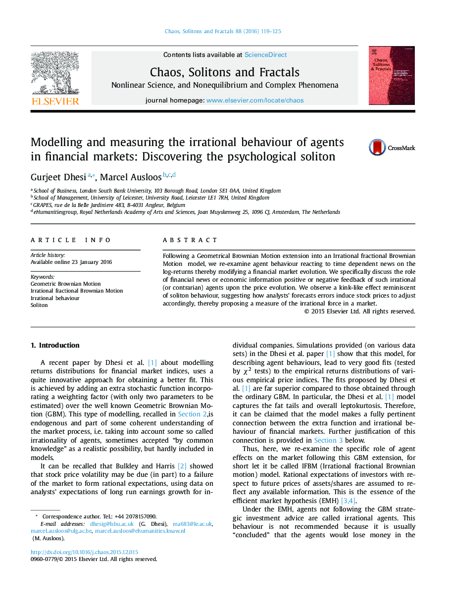 Modelling and measuring the irrational behaviour of agents in financial markets: Discovering the psychological soliton
