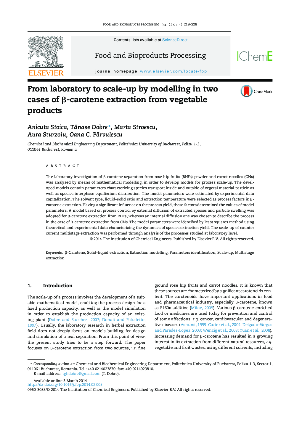 From laboratory to scale-up by modelling in two cases of β-carotene extraction from vegetable products