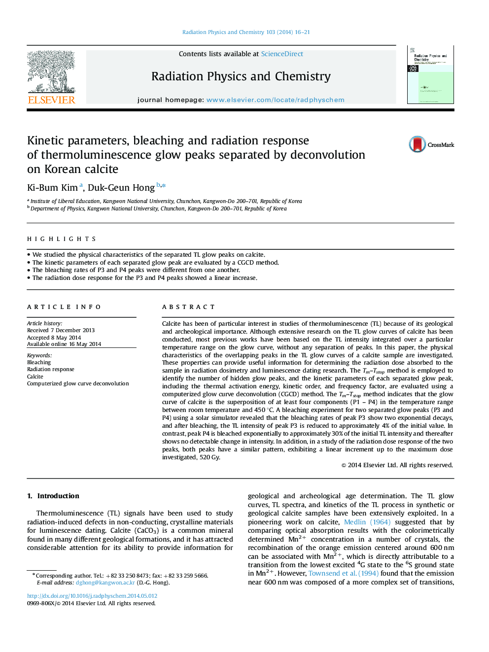 Kinetic parameters, bleaching and radiation response of thermoluminescence glow peaks separated by deconvolution on Korean calcite