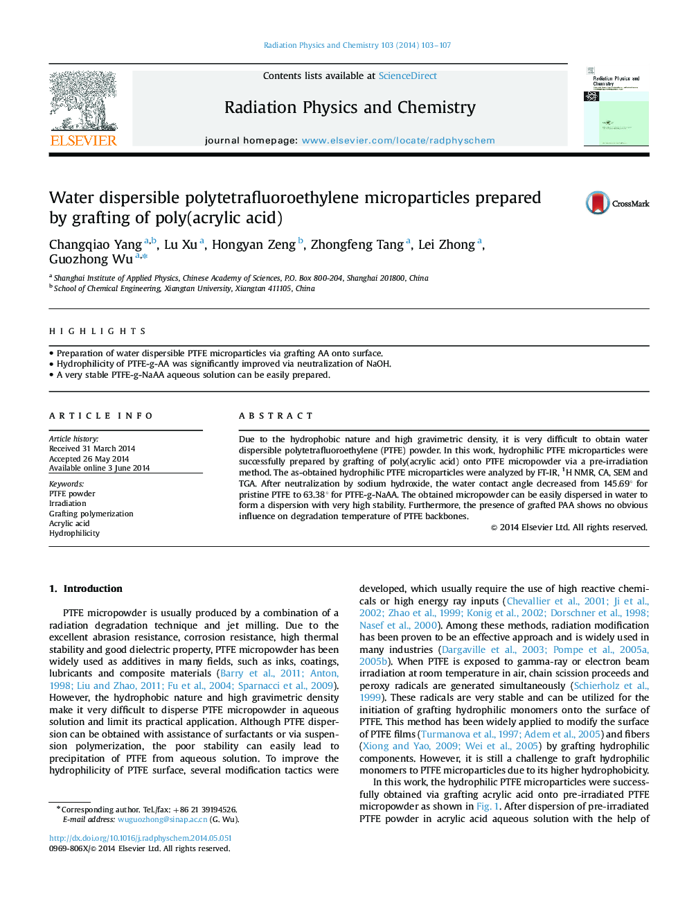 Water dispersible polytetrafluoroethylene microparticles prepared by grafting of poly(acrylic acid)