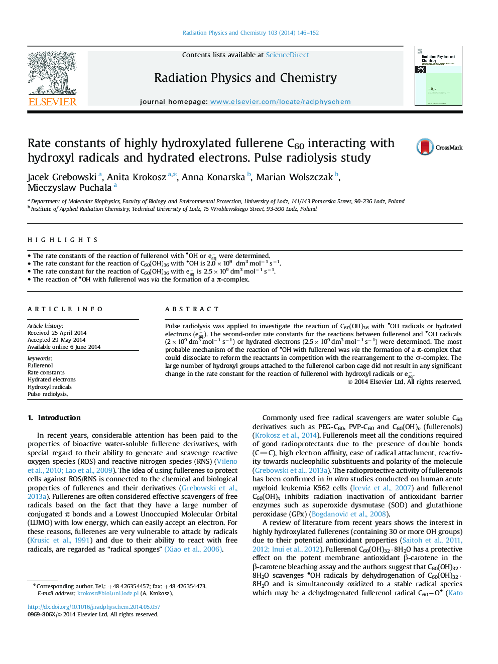 Rate constants of highly hydroxylated fullerene C60 interacting with hydroxyl radicals and hydrated electrons. Pulse radiolysis study