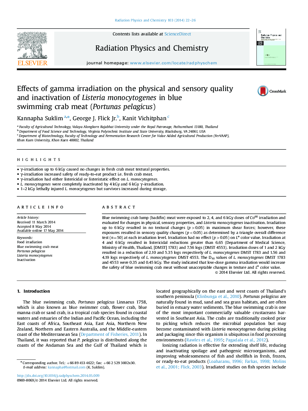 Effects of gamma irradiation on the physical and sensory quality and inactivation of Listeria monocytogenes in blue swimming crab meat (Portunas pelagicus)