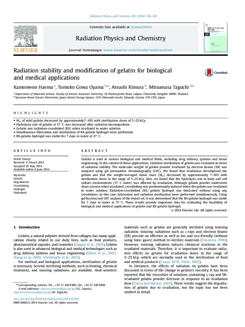 Radiation stability and modification of gelatin for biological and medical applications