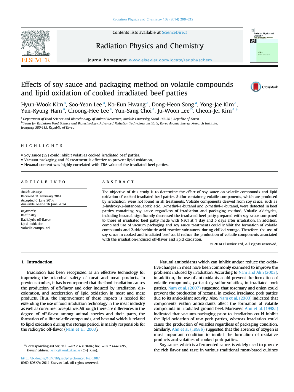 Effects of soy sauce and packaging method on volatile compounds and lipid oxidation of cooked irradiated beef patties