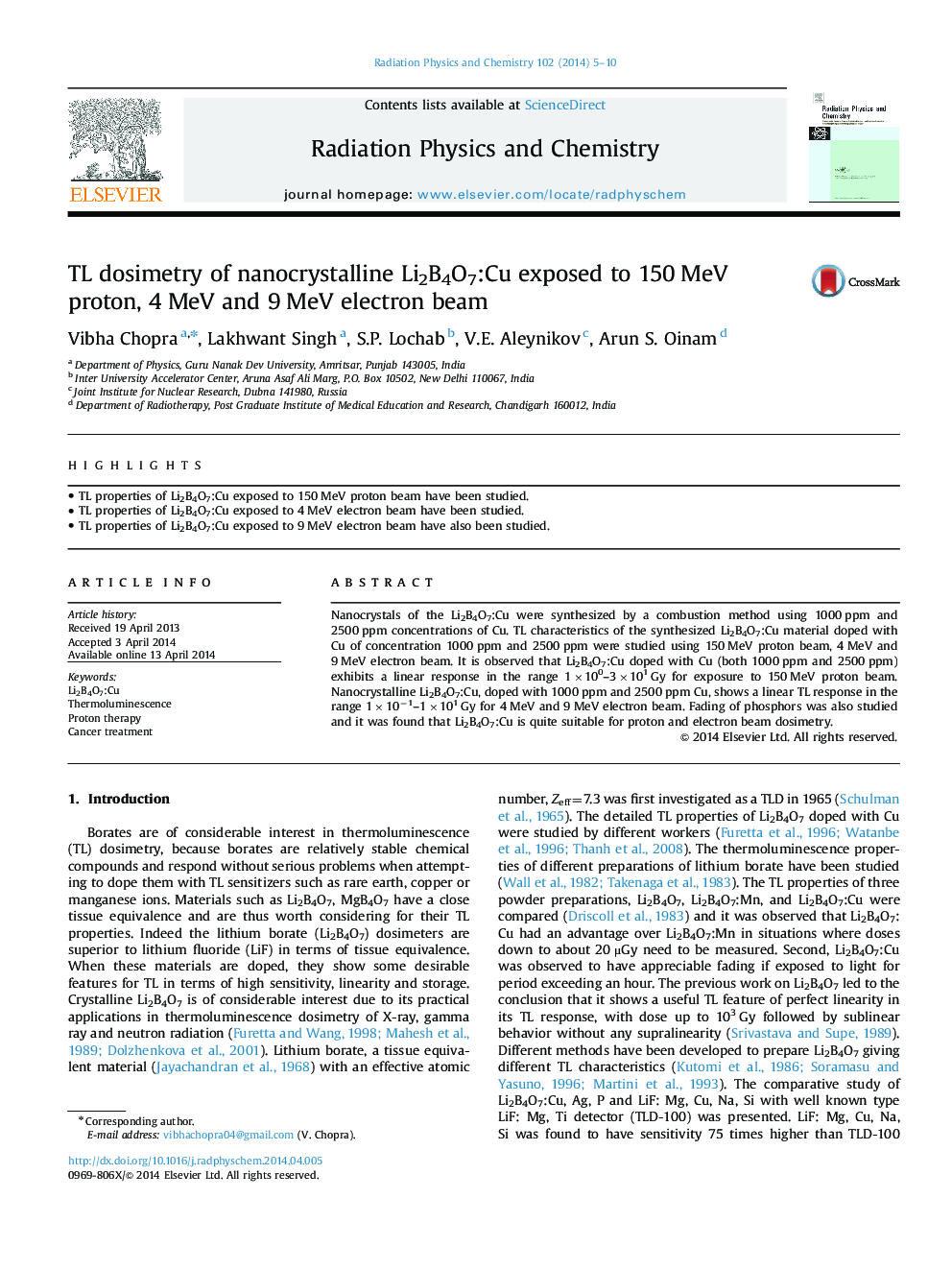 TL dosimetry of nanocrystalline Li2B4O7:Cu exposed to 150Â MeV proton, 4Â MeV and 9Â MeV electron beam