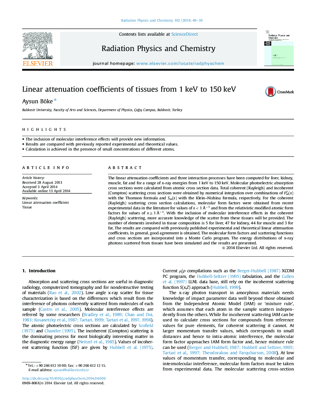 Linear attenuation coefficients of tissues from 1 keV to 150 keV