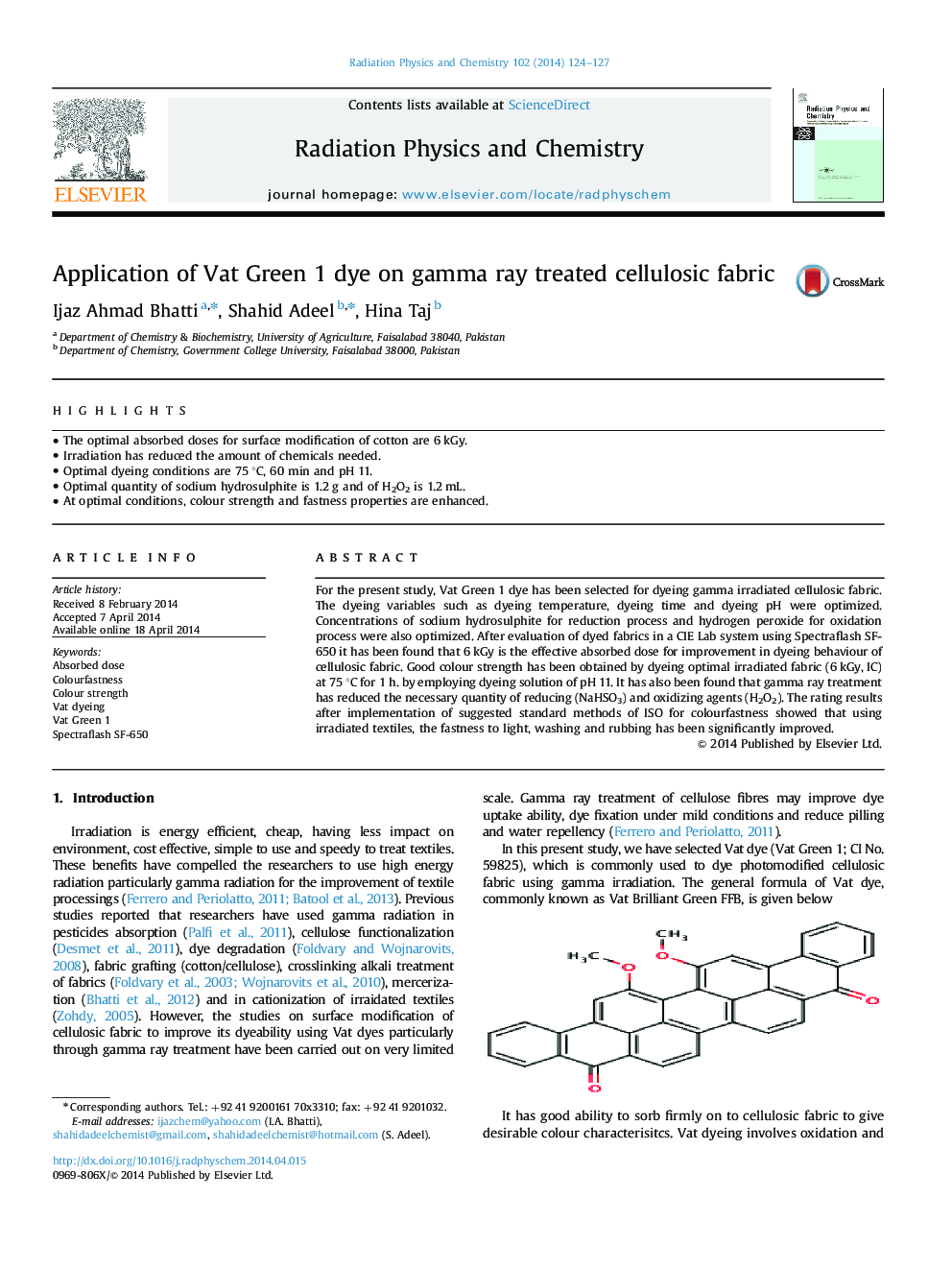 Application of Vat Green 1 dye on gamma ray treated cellulosic fabric