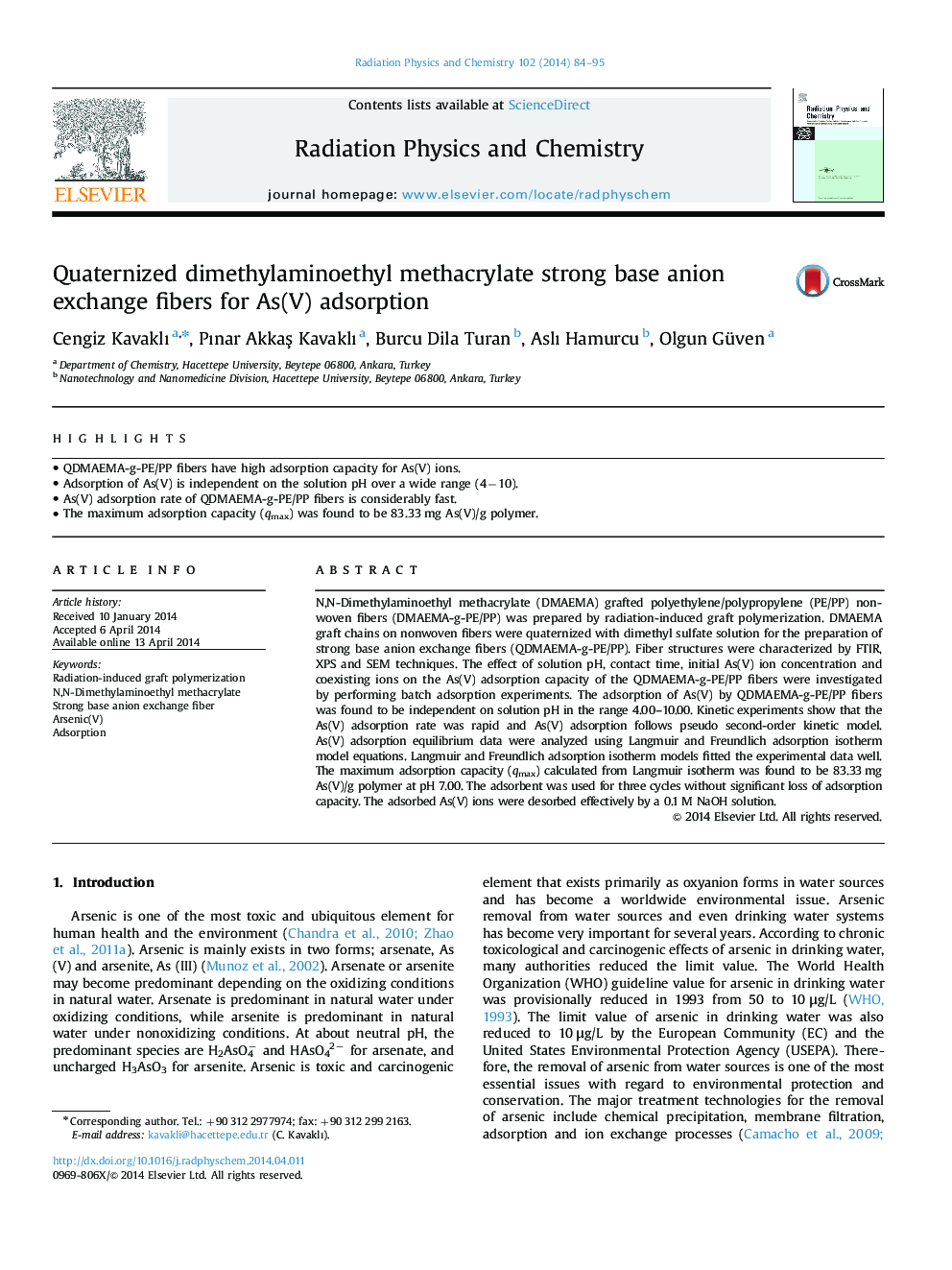 Quaternized dimethylaminoethyl methacrylate strong base anion exchange fibers for As(V) adsorption