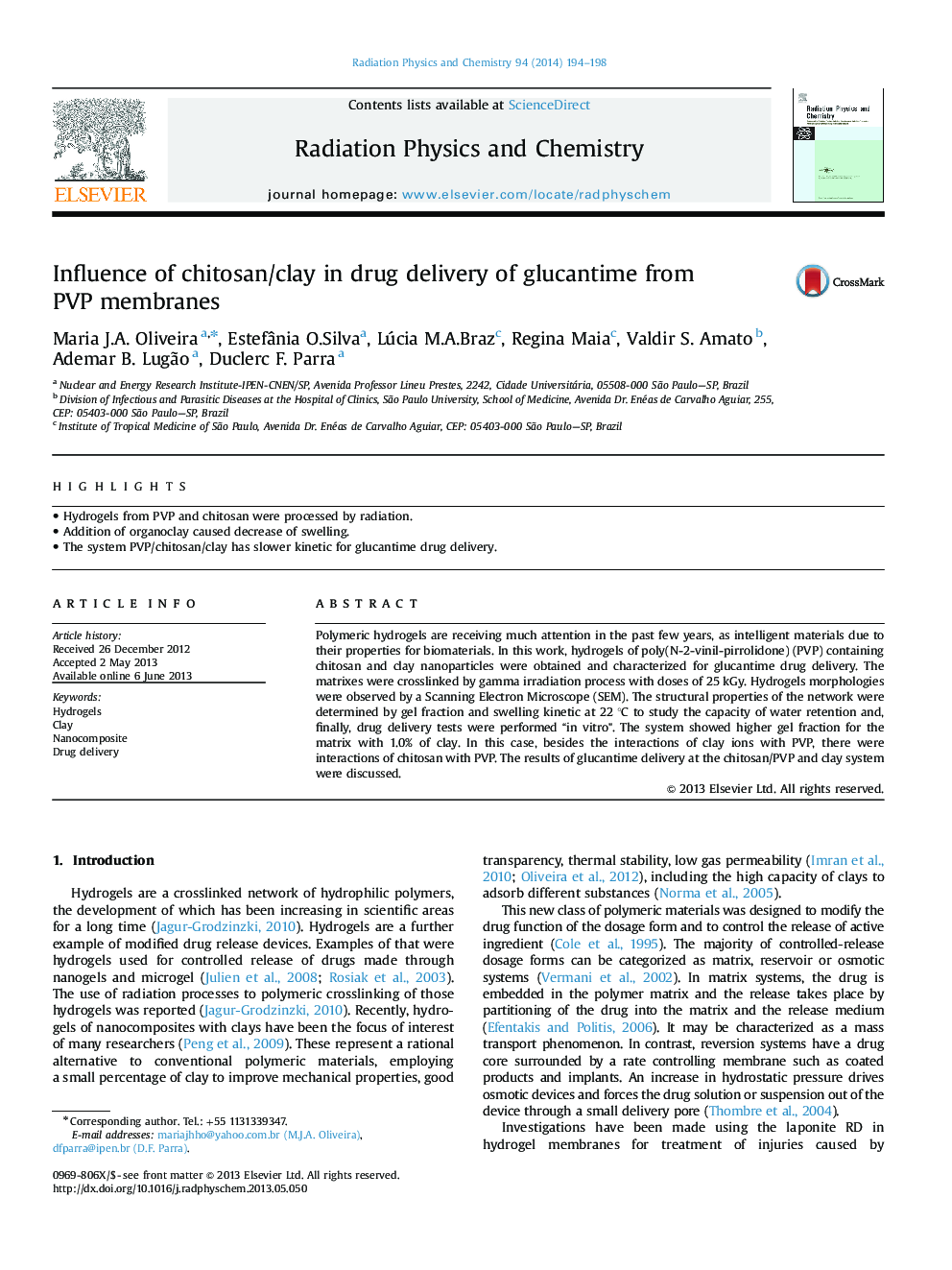 Influence of chitosan/clay in drug delivery of glucantime from PVP membranes
