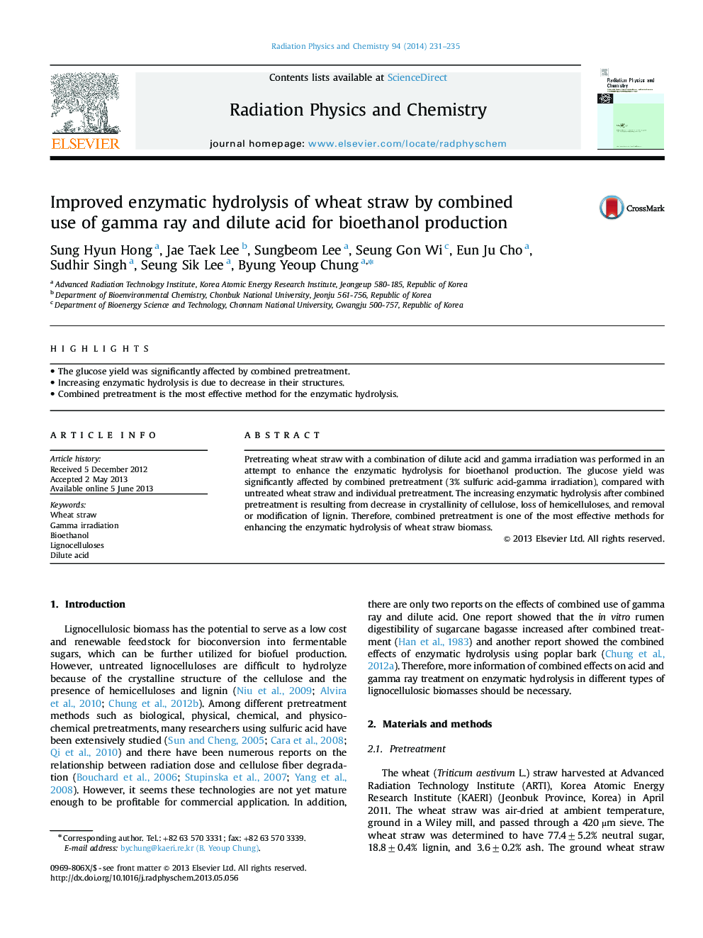 Improved enzymatic hydrolysis of wheat straw by combined use of gamma ray and dilute acid for bioethanol production