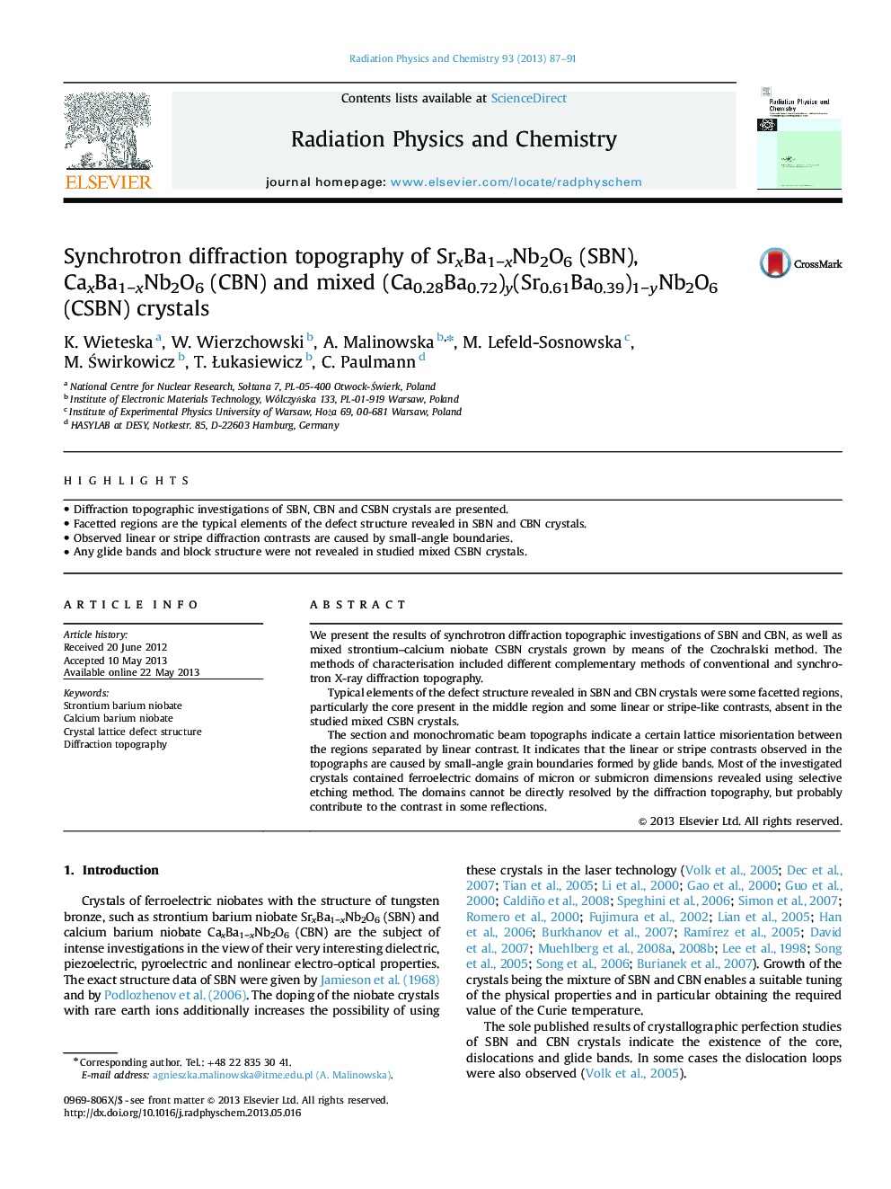 Synchrotron diffraction topography of SrxBa1−xNb2O6 (SBN), CaxBa1−xNb2O6 (CBN) and mixed (Ca0.28Ba0.72)y(Sr0.61Ba0.39)1−yNb2O6 (CSBN) crystals