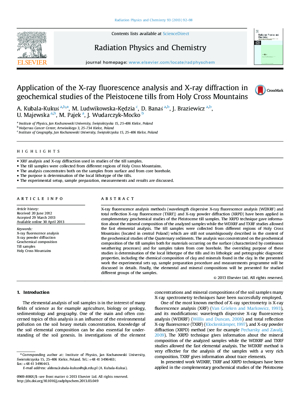 Application of the X-ray fluorescence analysis and X-ray diffraction in geochemical studies of the Pleistocene tills from Holy Cross Mountains