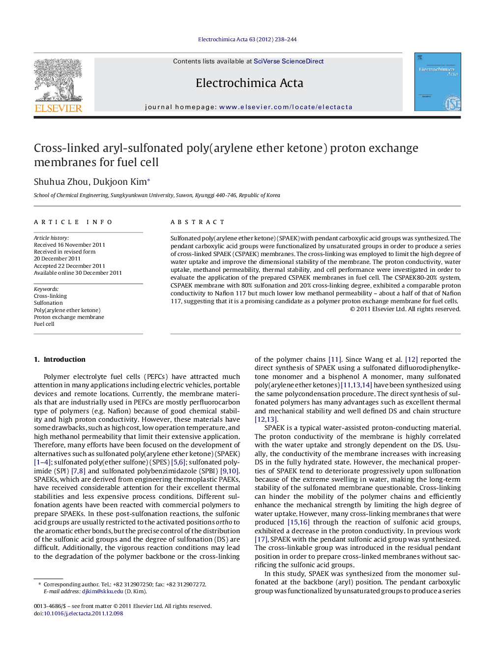 Cross-linked aryl-sulfonated poly(arylene ether ketone) proton exchange membranes for fuel cell