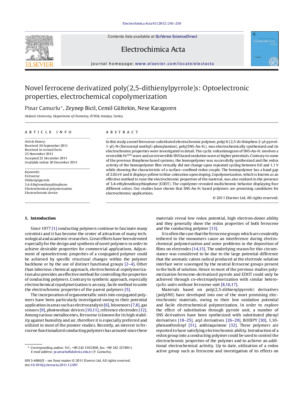 Novel ferrocene derivatized poly(2,5-dithienylpyrrole)s: Optoelectronic properties, electrochemical copolymerization