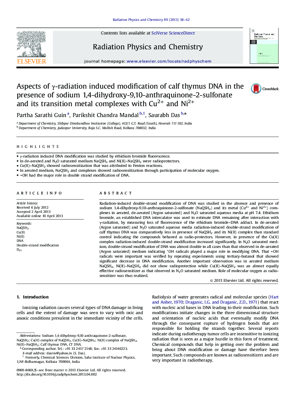 Aspects of Î³-radiation induced modification of calf thymus DNA in the presence of sodium 1,4-dihydroxy-9,10-anthraquinone-2-sulfonate and its transition metal complexes with Cu2+ and Ni2+