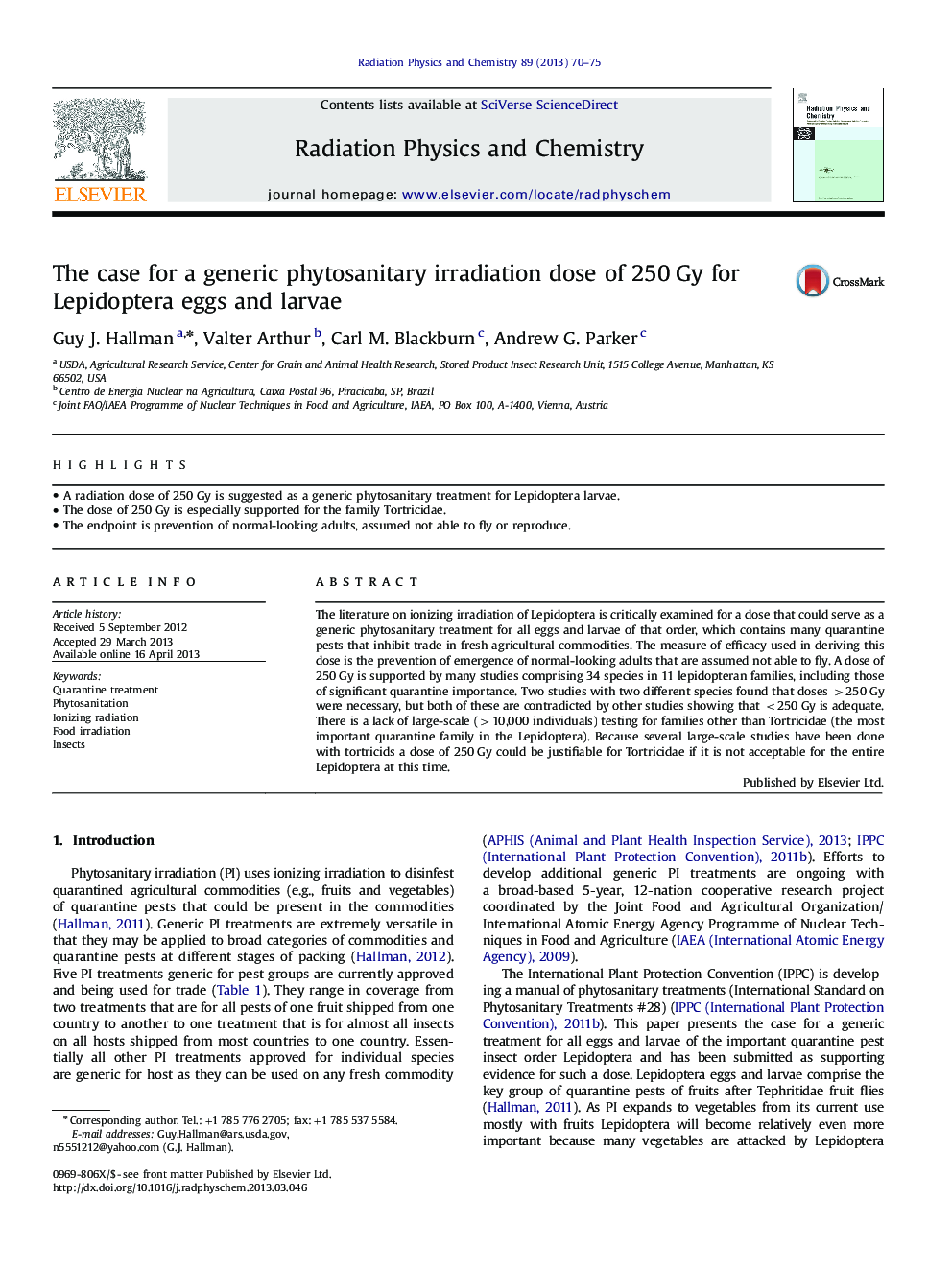 The case for a generic phytosanitary irradiation dose of 250 Gy for Lepidoptera eggs and larvae