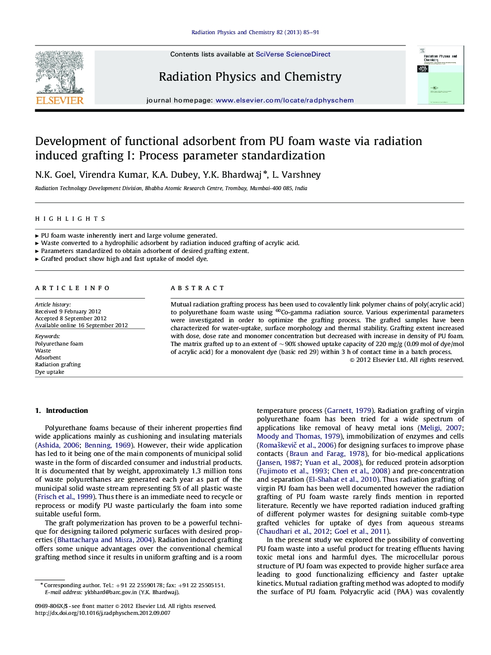 Development of functional adsorbent from PU foam waste via radiation induced grafting I: Process parameter standardization