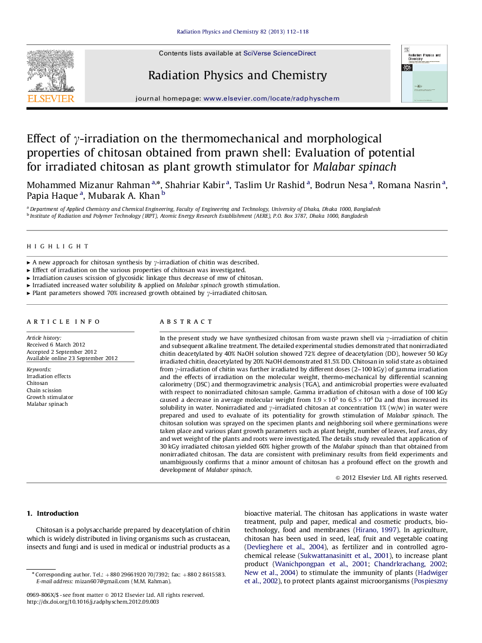 Effect of γ-irradiation on the thermomechanical and morphological properties of chitosan obtained from prawn shell: Evaluation of potential for irradiated chitosan as plant growth stimulator for Malabar spinach